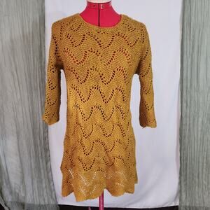 ORANGE Mustard Yellow Brown Open Weave Short Dress- Long Tunic Blouse Size S